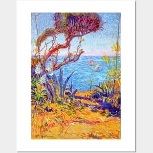 Italy Mediterranean Beach Seascape with Plants & Sailboats 1932 William de Leftwich Dodge Posters and Art